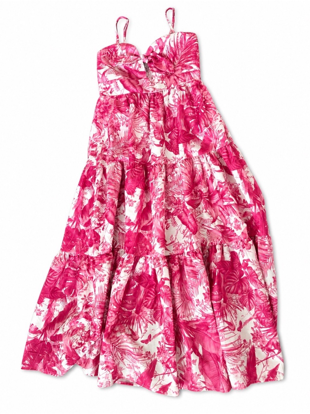 AQUA Pink White Tropical Floral Tiered Maxi Dress Size M NWT
